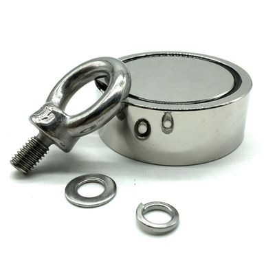 Neodymium-Fischmagnet mit M8-Augenbolze und 80 kg Zugkraft 48 mm Durchmesser