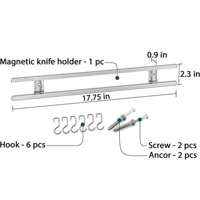 18 Zoll quadratische Röhren Edelstahl Magnetmesser Streifen mit 6 Haken für Küchenutensilien Halter Werkzeugorganisator